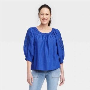 Knox Rose Women’s Top Royal Blue Sz XS Bishop 3/4 Sleeve Embroidered Eyelet